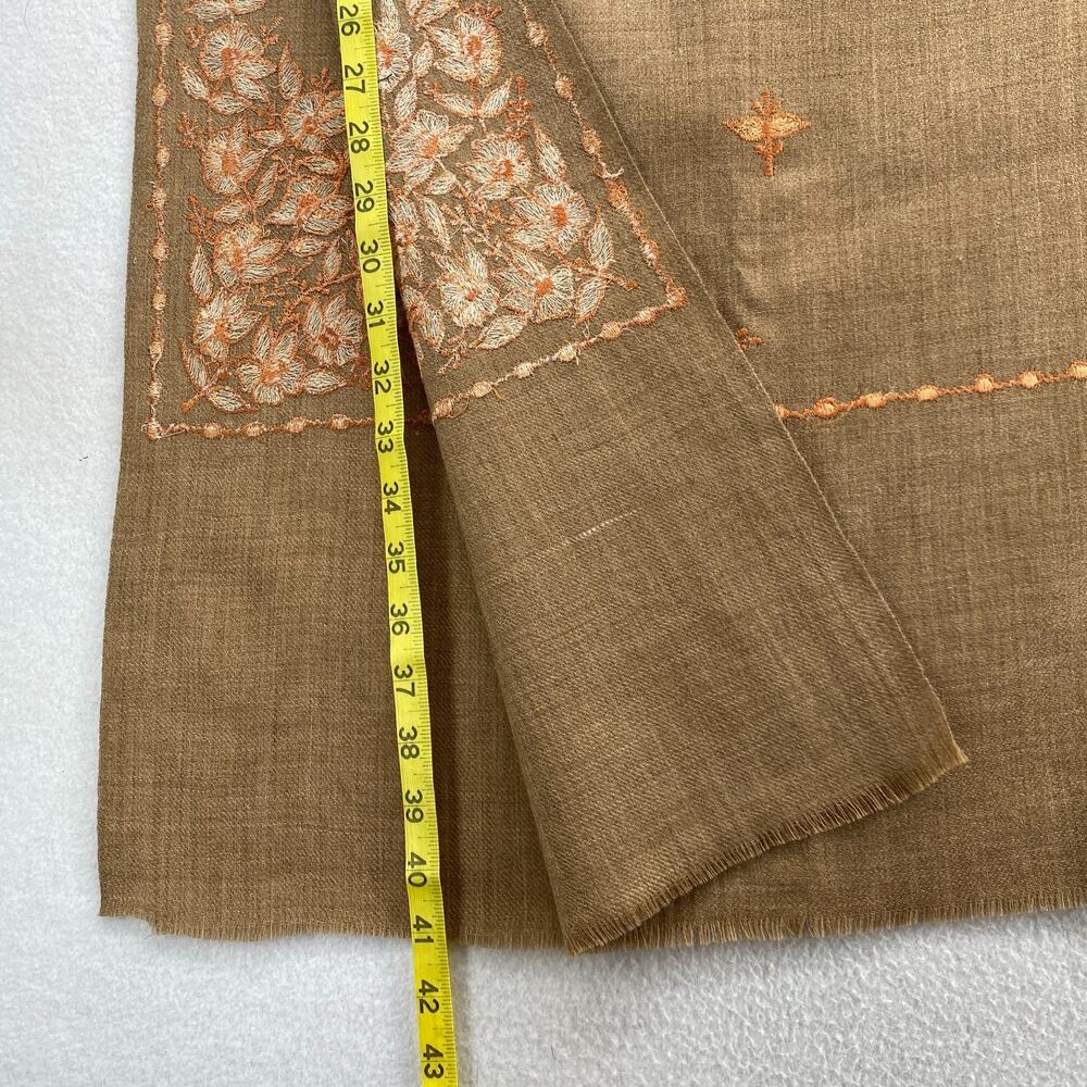 Wool Scarf Shawl Kashmiri Wrap Embroidered Floral Oversized Fringe Camel Brown - Picture 10 of 11